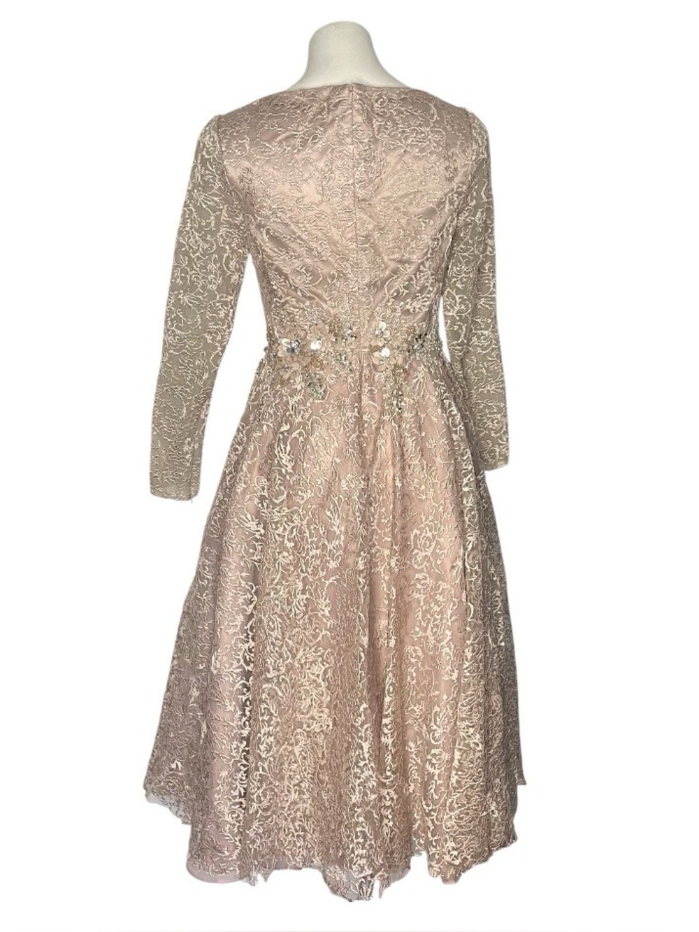 MAC DUGGAL Long Sleeve Tea Length Dress Lace Embroidered Beads Flowers Size 6 - Picture 3 of 13